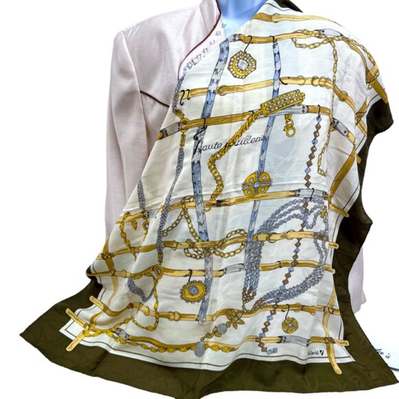 Antique McDavid Haute Joaillerie 100% Silk Scarf Satin 34" Ivery olive Gold(22 - Picture 3 of 12